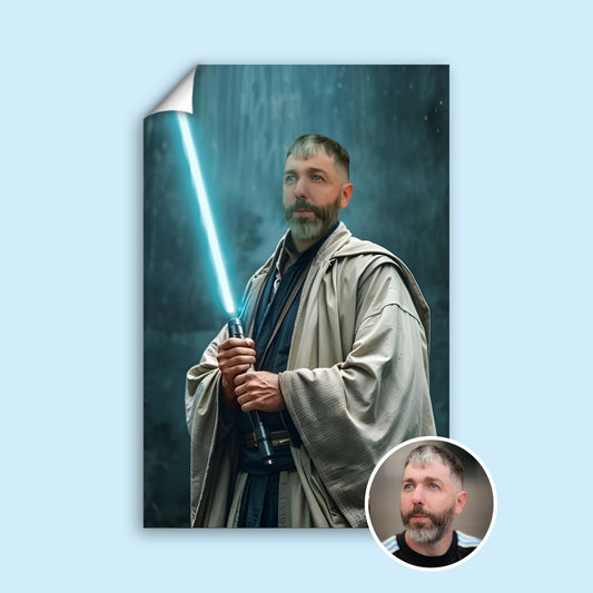 Custom Jedi Knight Portrait – Man in Robes Holding Blue Lightsaber