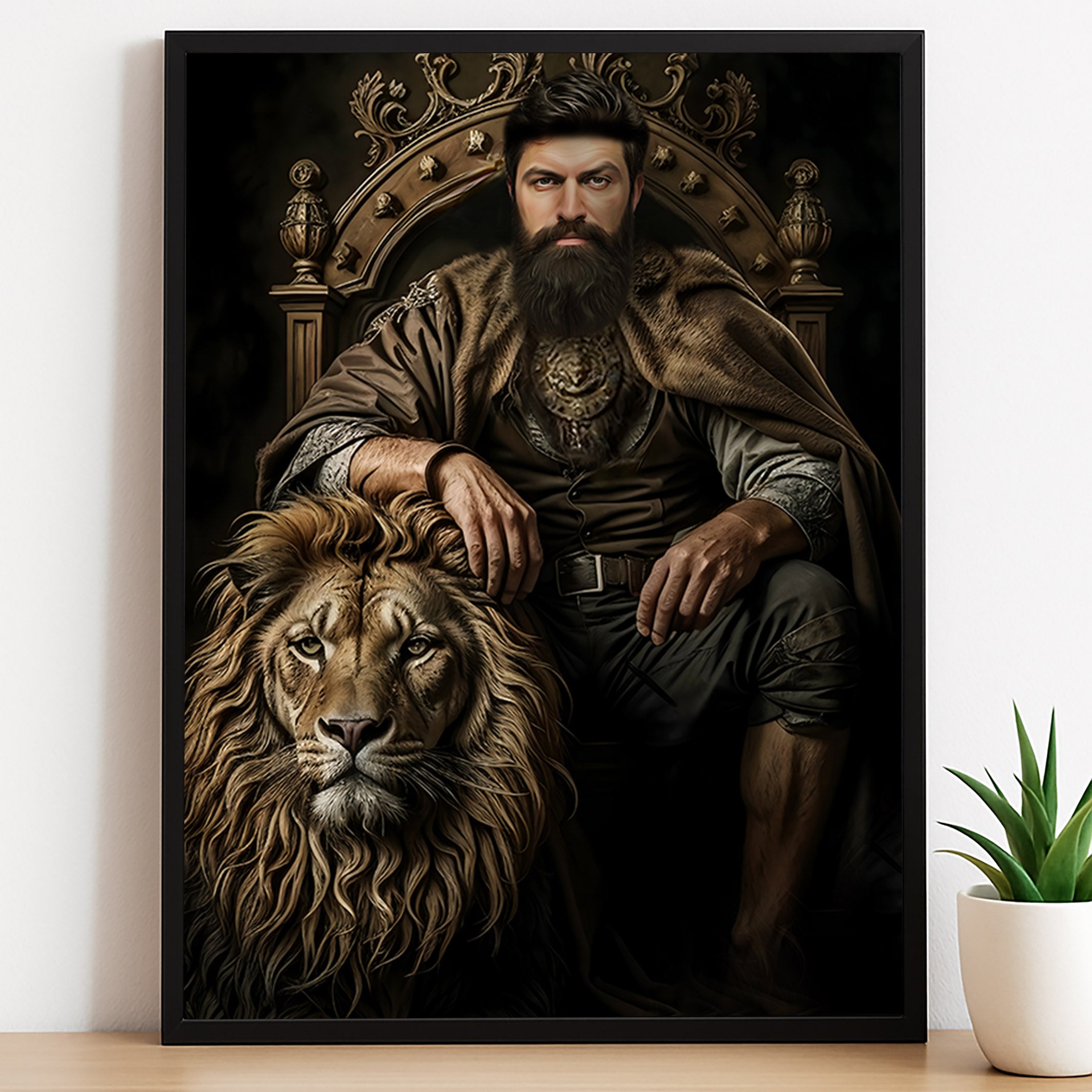 Custom Warrior King Portrait – Man on Throne with Lion Companion