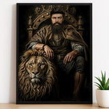 Custom Warrior King Portrait – Man on Throne with Lion Companion