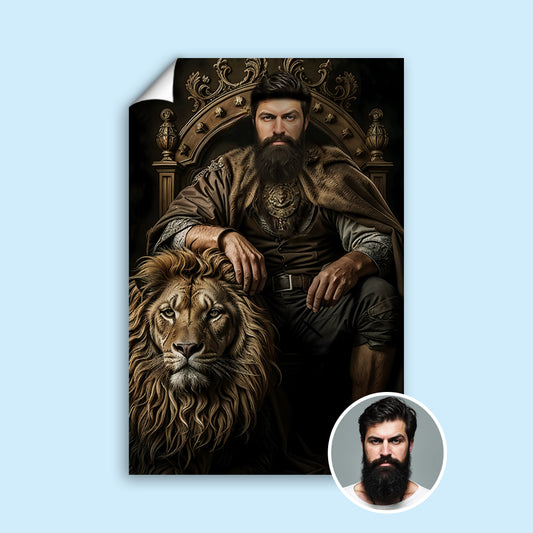 Custom Warrior King Portrait – Man on Throne with Lion Companion