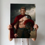 Custom Spartan Portrait – Shirtless Warrior with Cape and Helmet