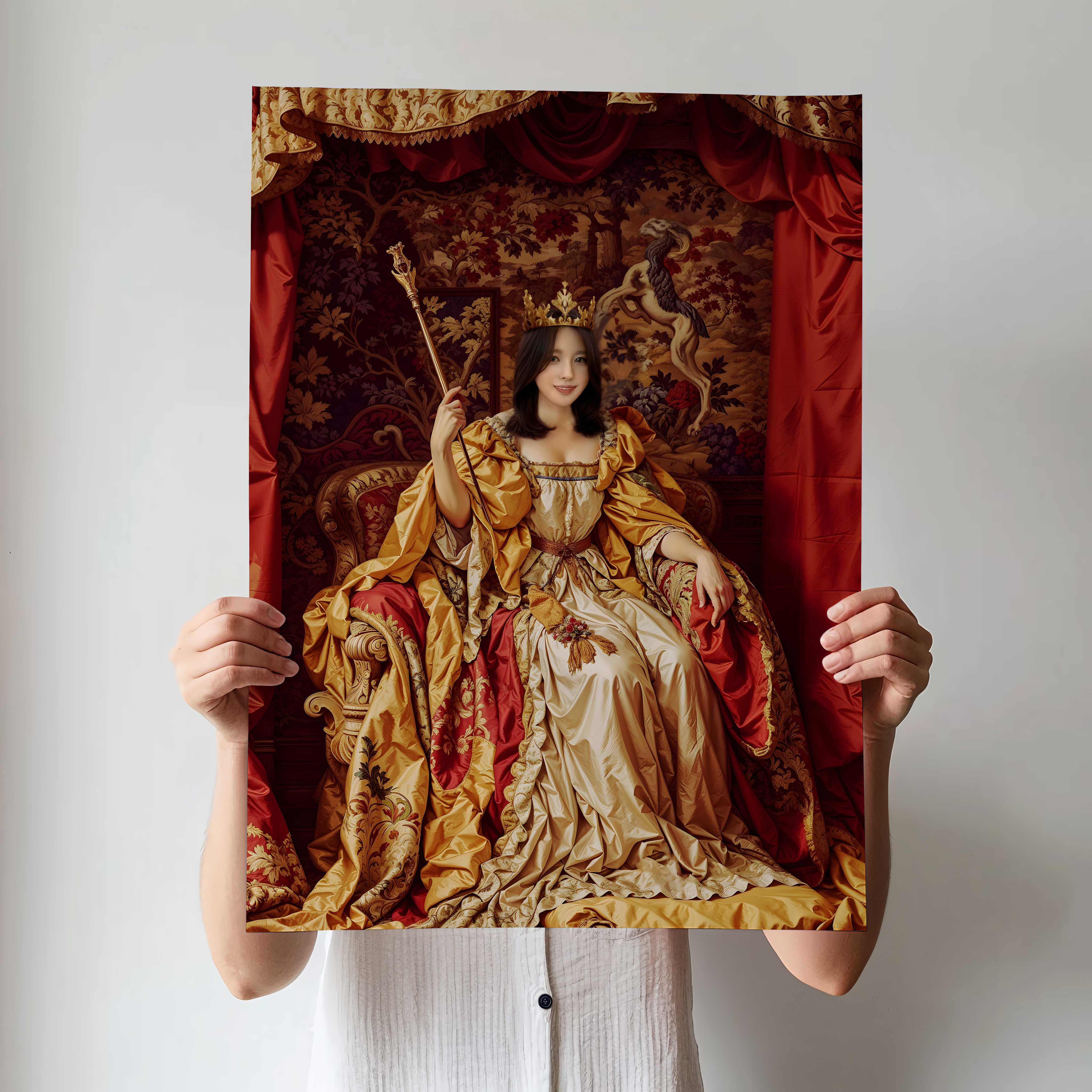 Custom Queen Portrait – Woman in Red and Gold Throne Room Scene