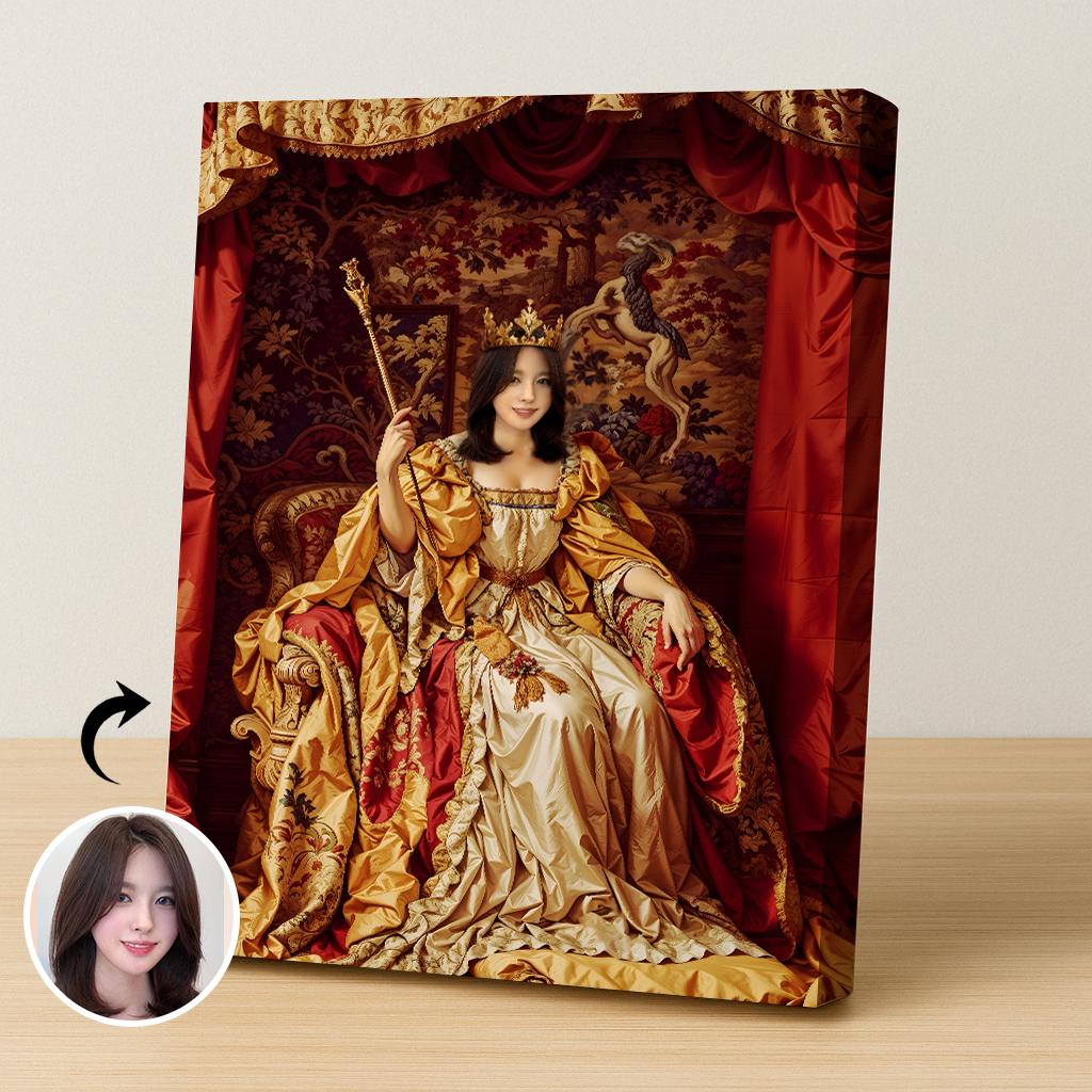 Custom Queen Portrait – Woman in Red and Gold Throne Room Scene