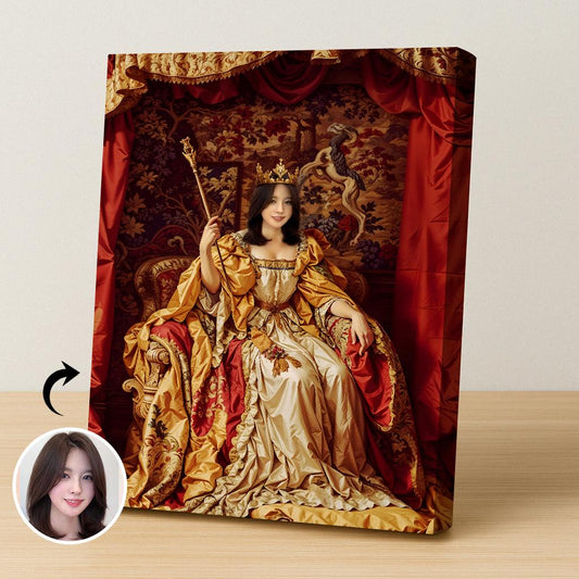 Custom Queen Portrait – Woman in Red and Gold Throne Room Scene