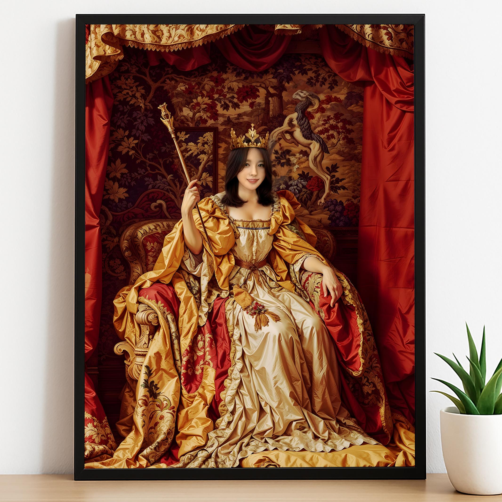 Custom Queen Portrait – Woman in Red and Gold Throne Room Scene