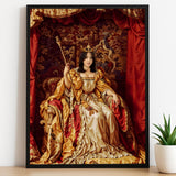 Custom Queen Portrait – Woman in Red and Gold Throne Room Scene