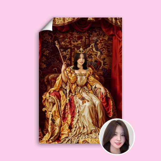 Custom Queen Portrait – Woman in Red and Gold Throne Room Scene