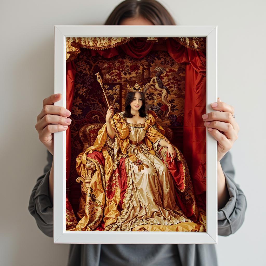 Custom Queen Portrait – Woman in Red and Gold Throne Room Scene