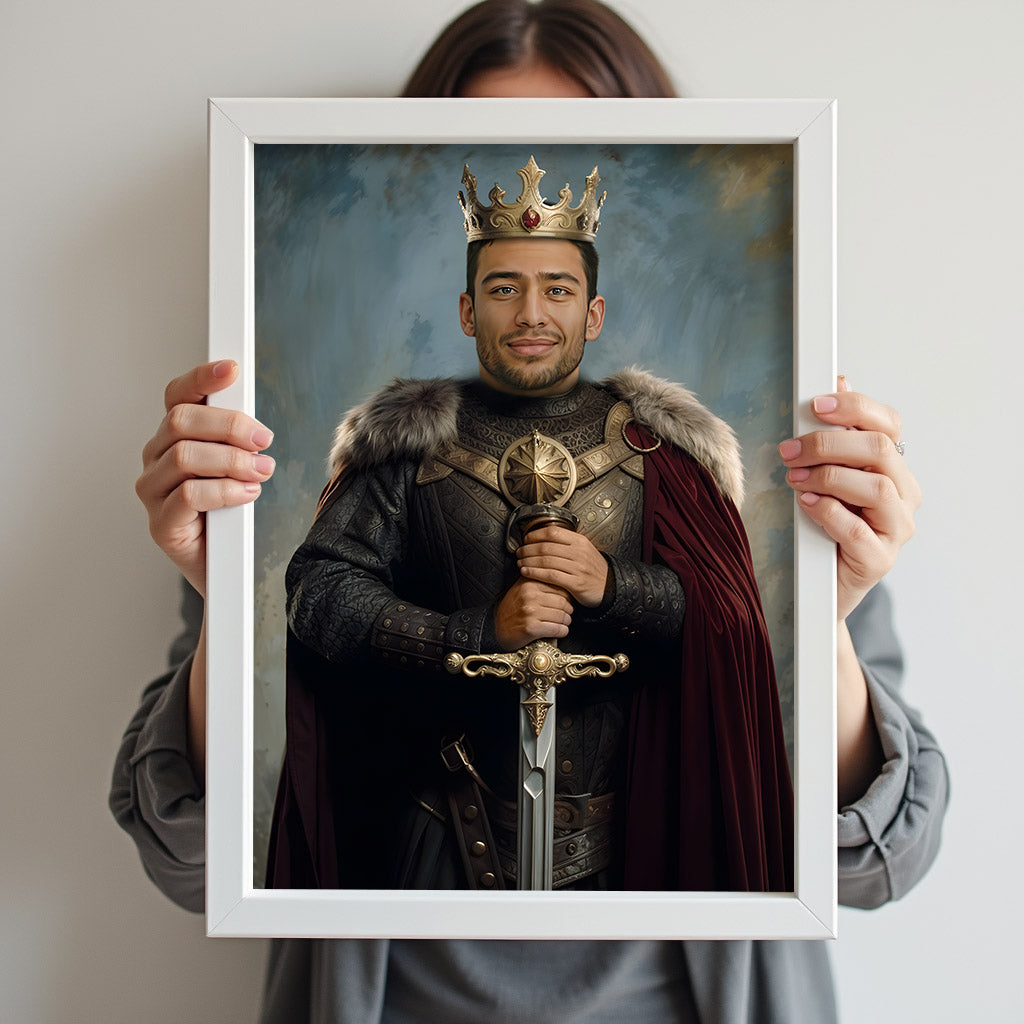 Custom King Portrait – Man in Armor with Crown and Sword