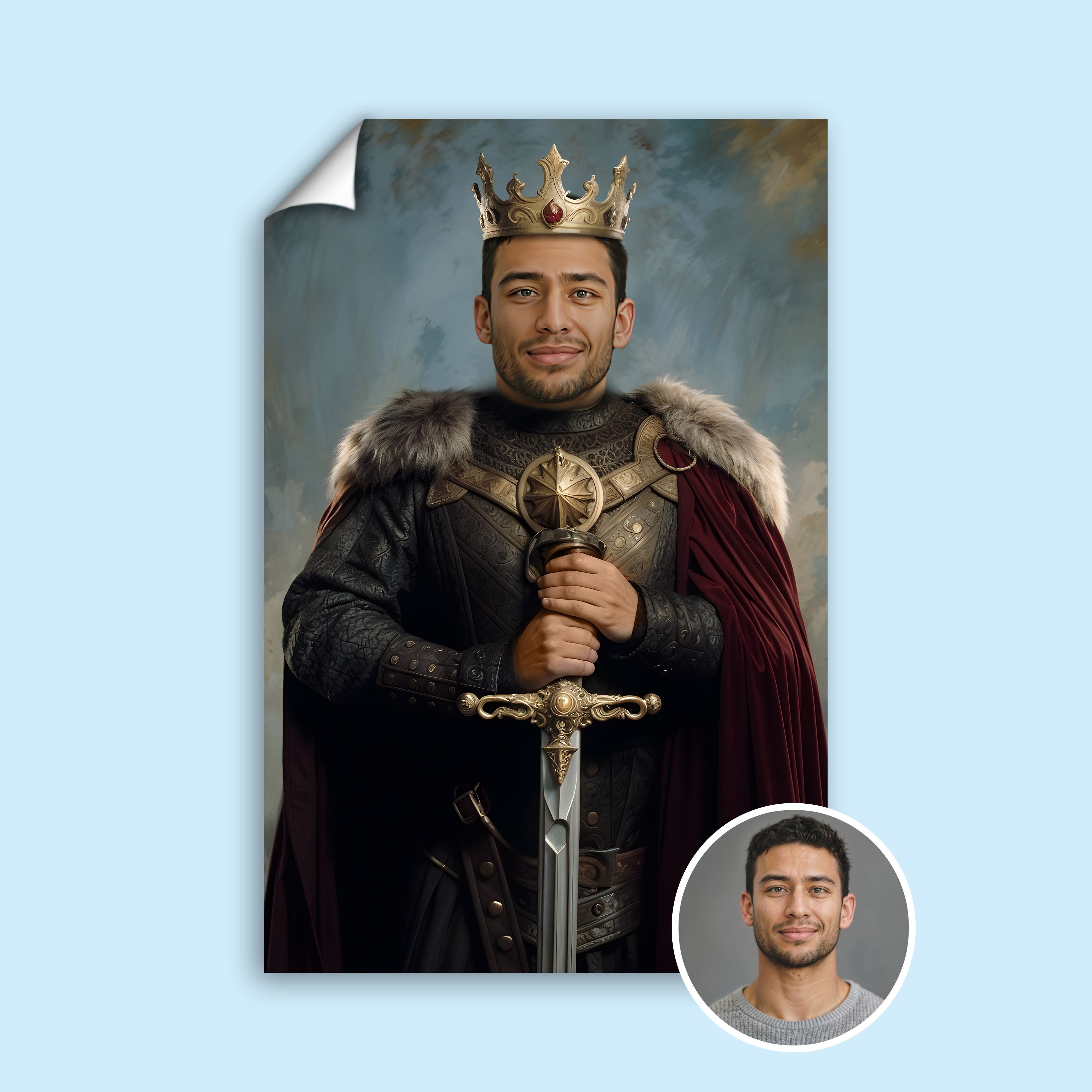Custom King Portrait – Man in Armor with Crown and Sword