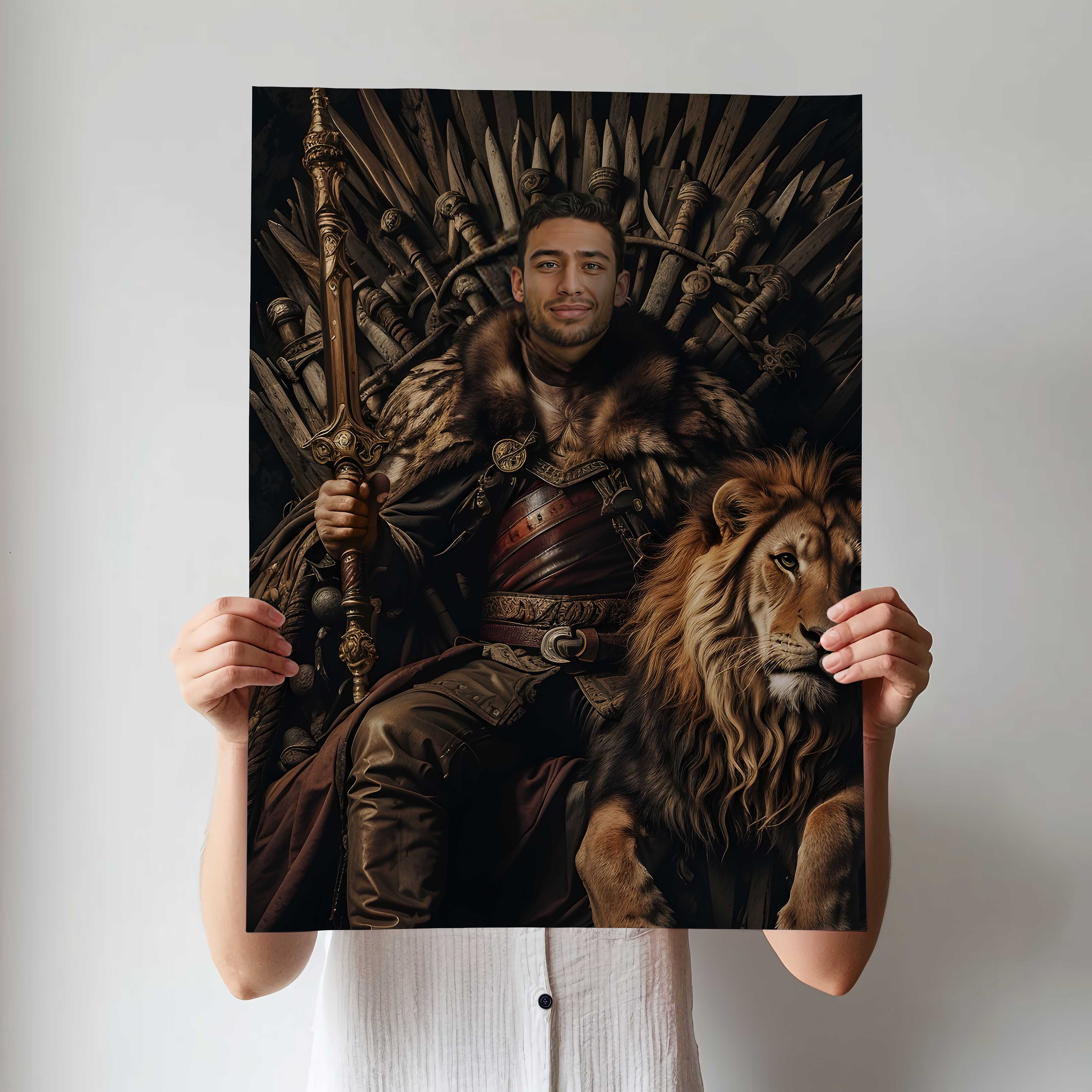 Custom Fantasy Throne Portrait – Man with Lion on Iron Throne