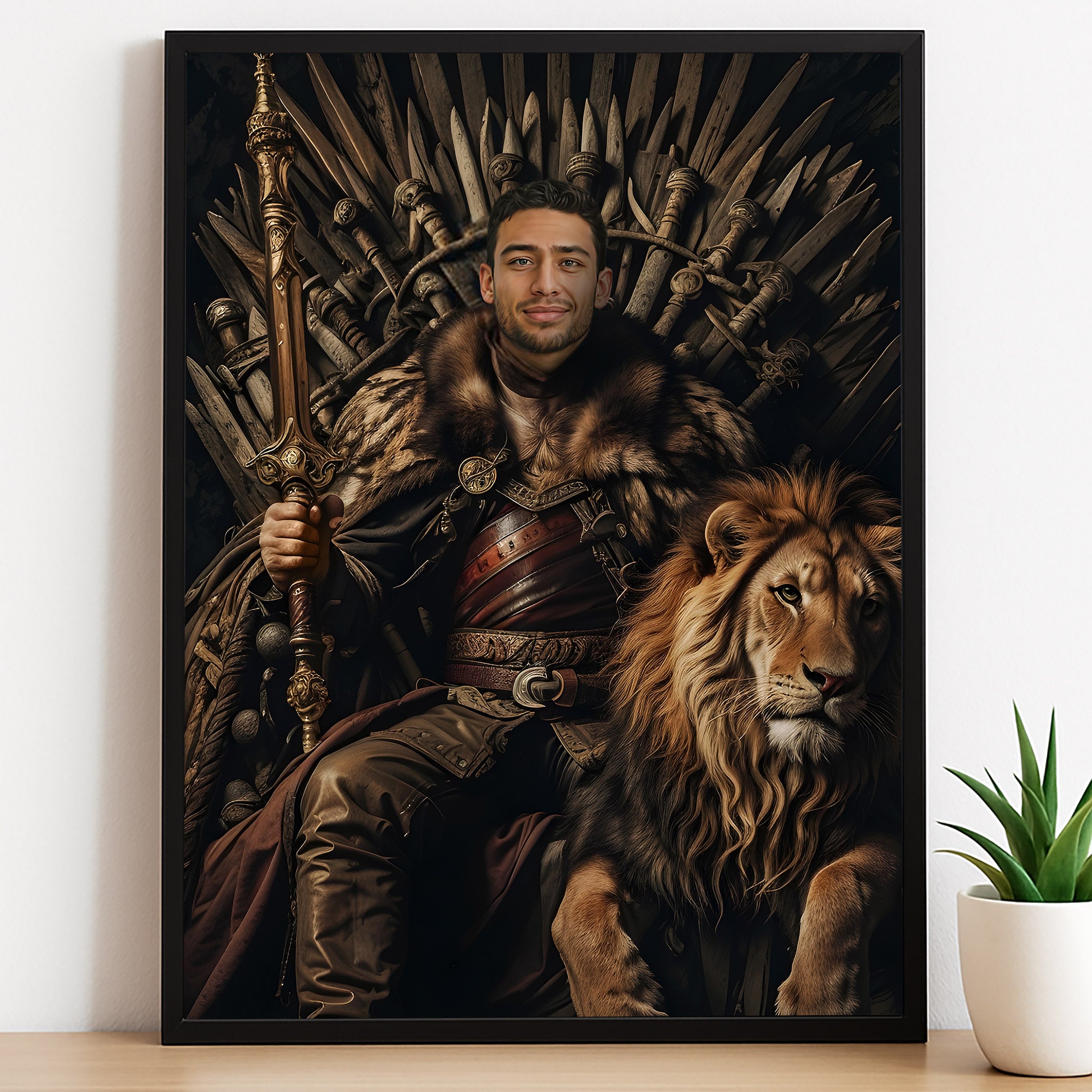 Custom Fantasy Throne Portrait – Man with Lion on Iron Throne