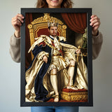 Custom Golden Throne Portrait – Man in Crown and Cape Seated in Royal Chair