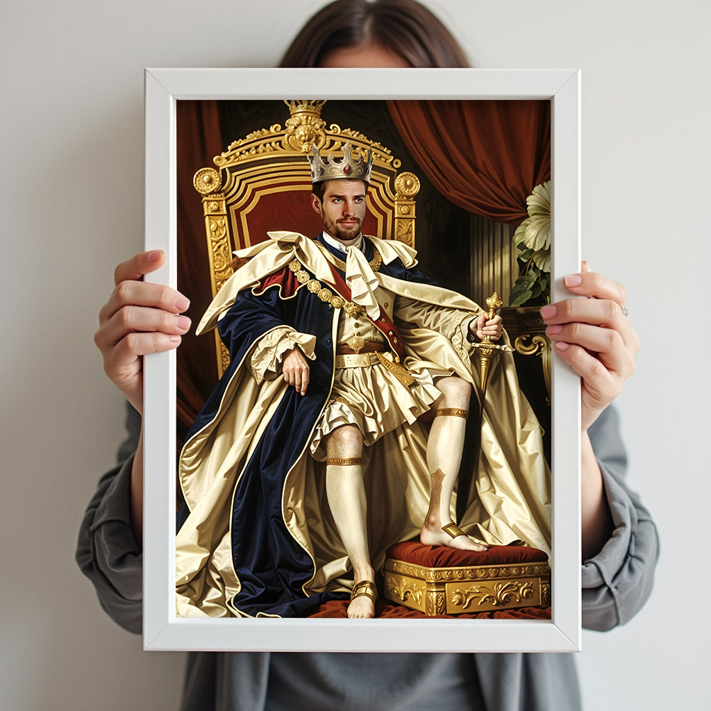Custom Golden Throne Portrait – Man in Crown and Cape Seated in Royal Chair