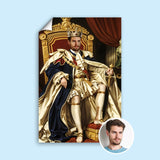 Custom Golden Throne Portrait – Man in Crown and Cape Seated in Royal Chair