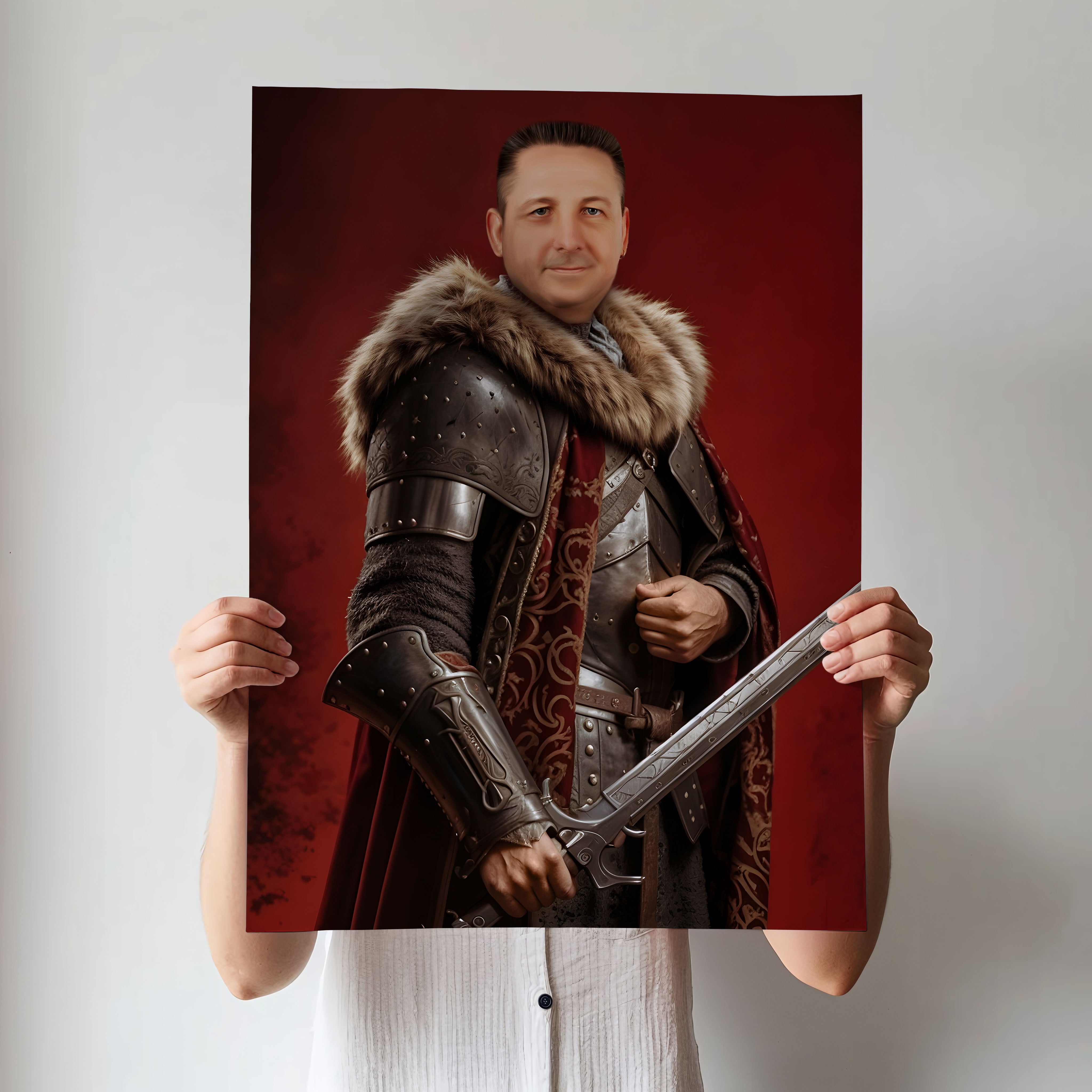 Custom Knight Portrait – Man in Armor with Sword and Red Background