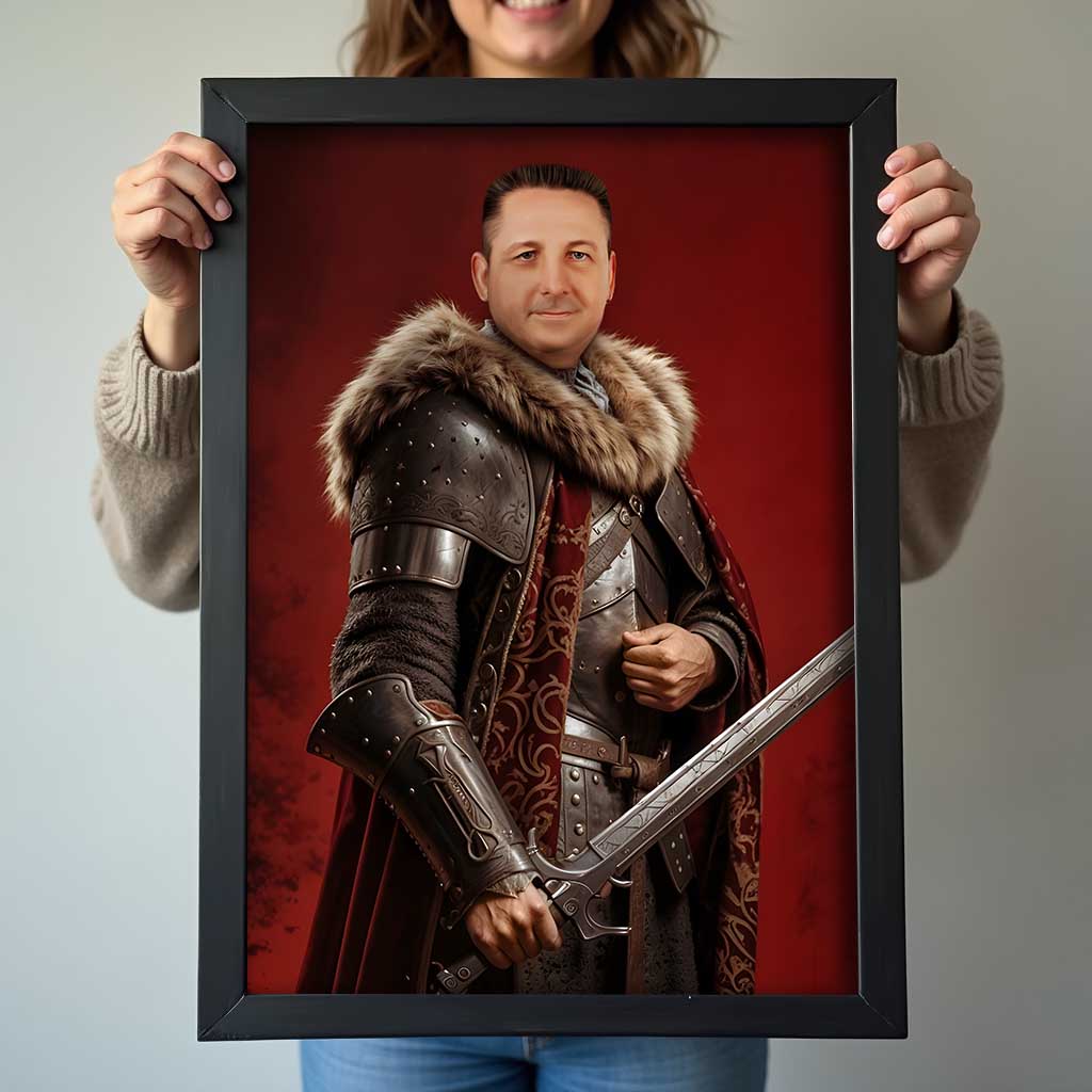 Custom Knight Portrait – Man in Armor with Sword and Red Background