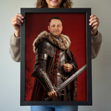 Custom Knight Portrait – Man in Armor with Sword and Red Background