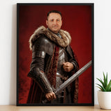 Custom Knight Portrait – Man in Armor with Sword and Red Background
