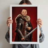 Custom Knight Portrait – Man in Armor with Sword and Red Background