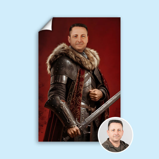 Custom Knight Portrait – Man in Armor with Sword and Red Background