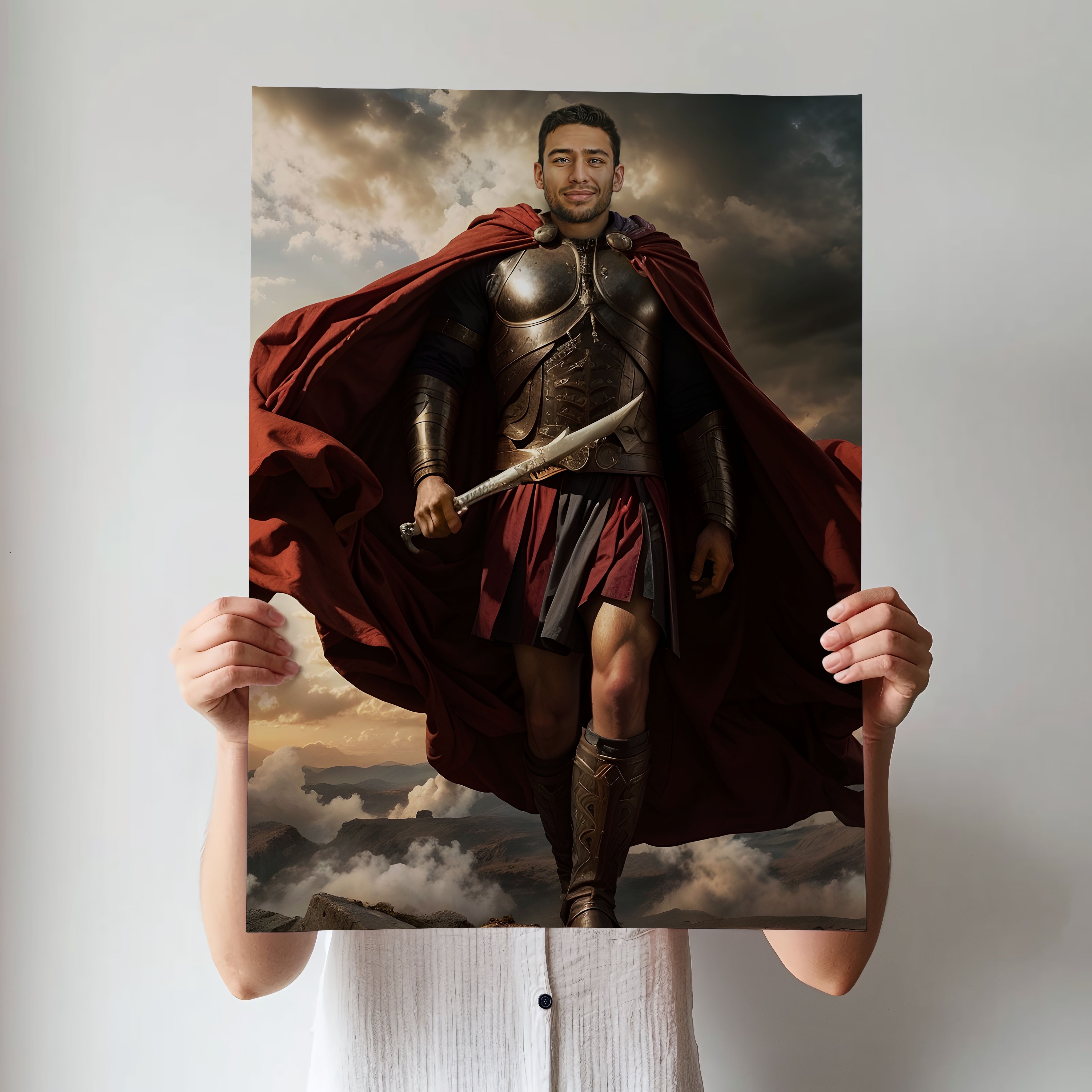 Custom Spartan Warrior Portrait – Man in Red Cape and Bronze Armor