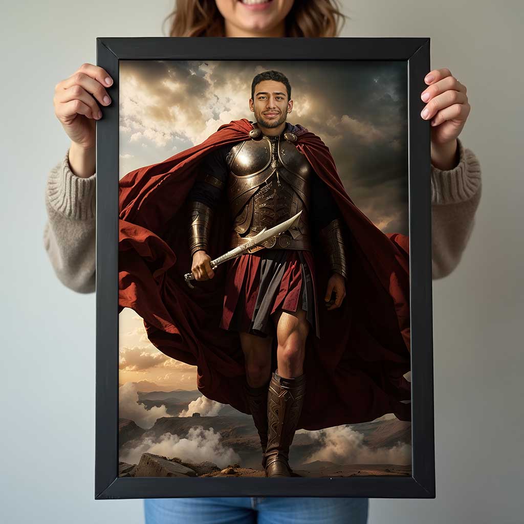 Custom Spartan Warrior Portrait – Man in Red Cape and Bronze Armor