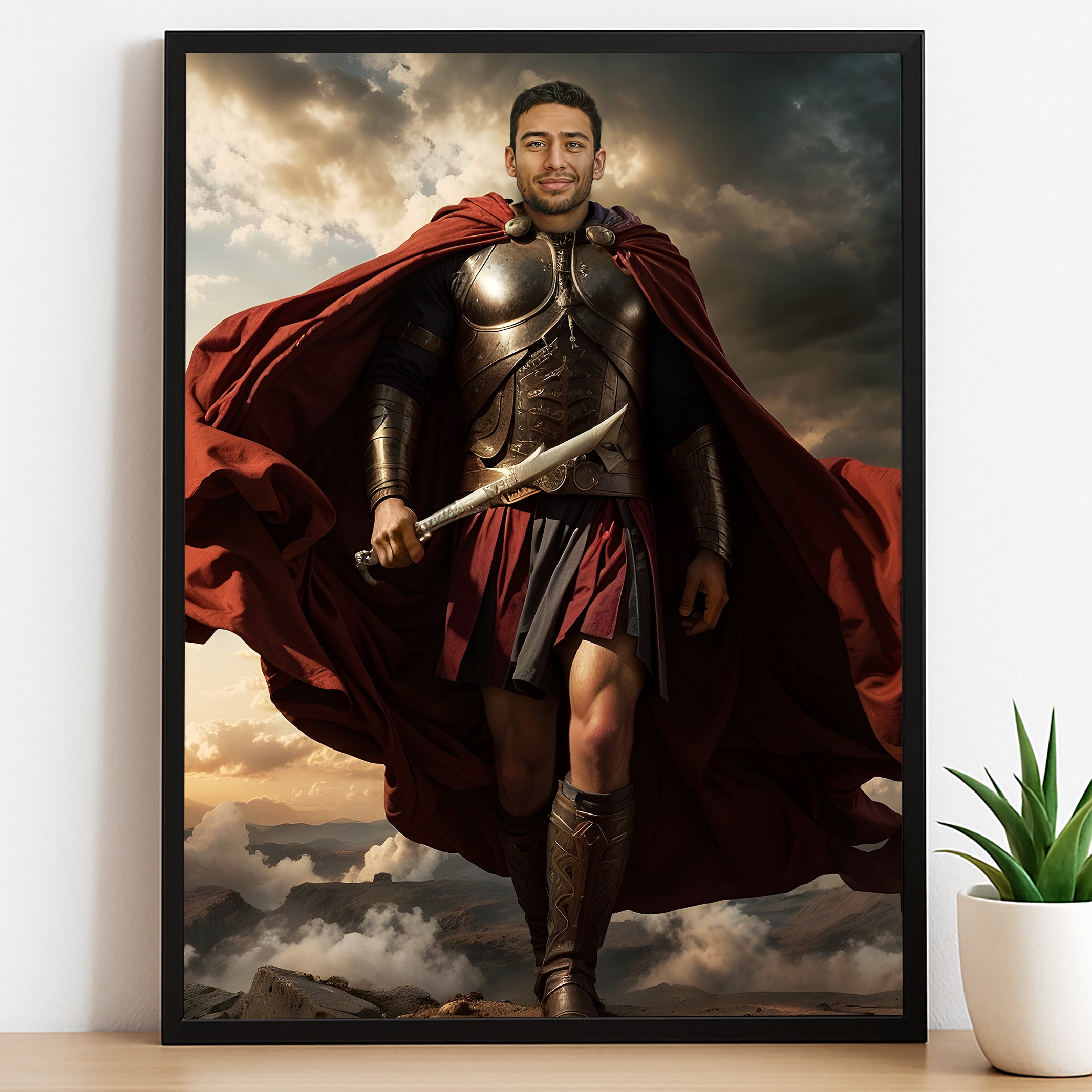 Custom Spartan Warrior Portrait – Man in Red Cape and Bronze Armor