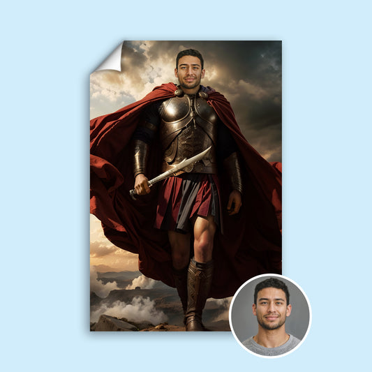 Custom Spartan Warrior Portrait – Man in Red Cape and Bronze Armor