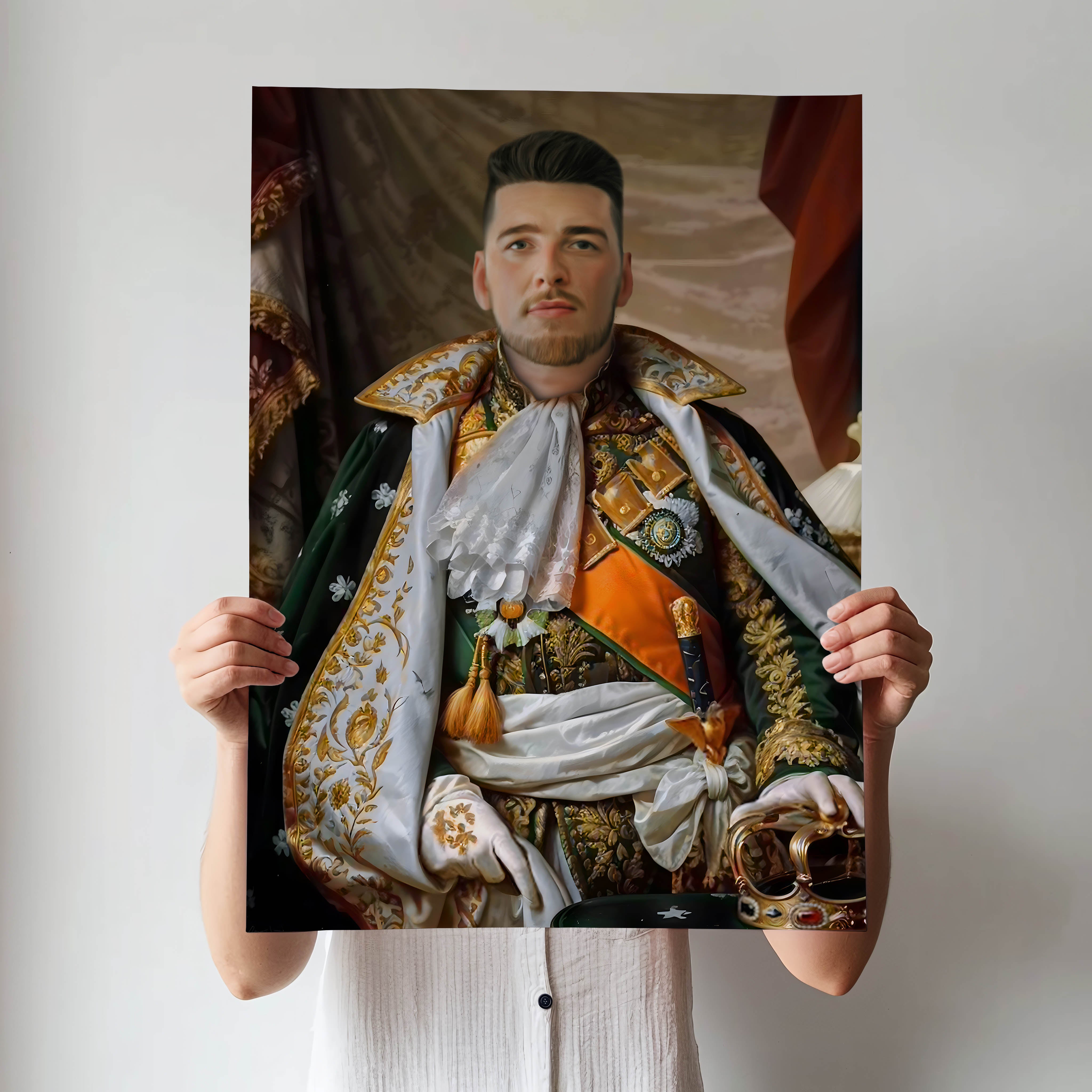 Custom French Emperor Portrait – Man in Green Royal Attire with Crown