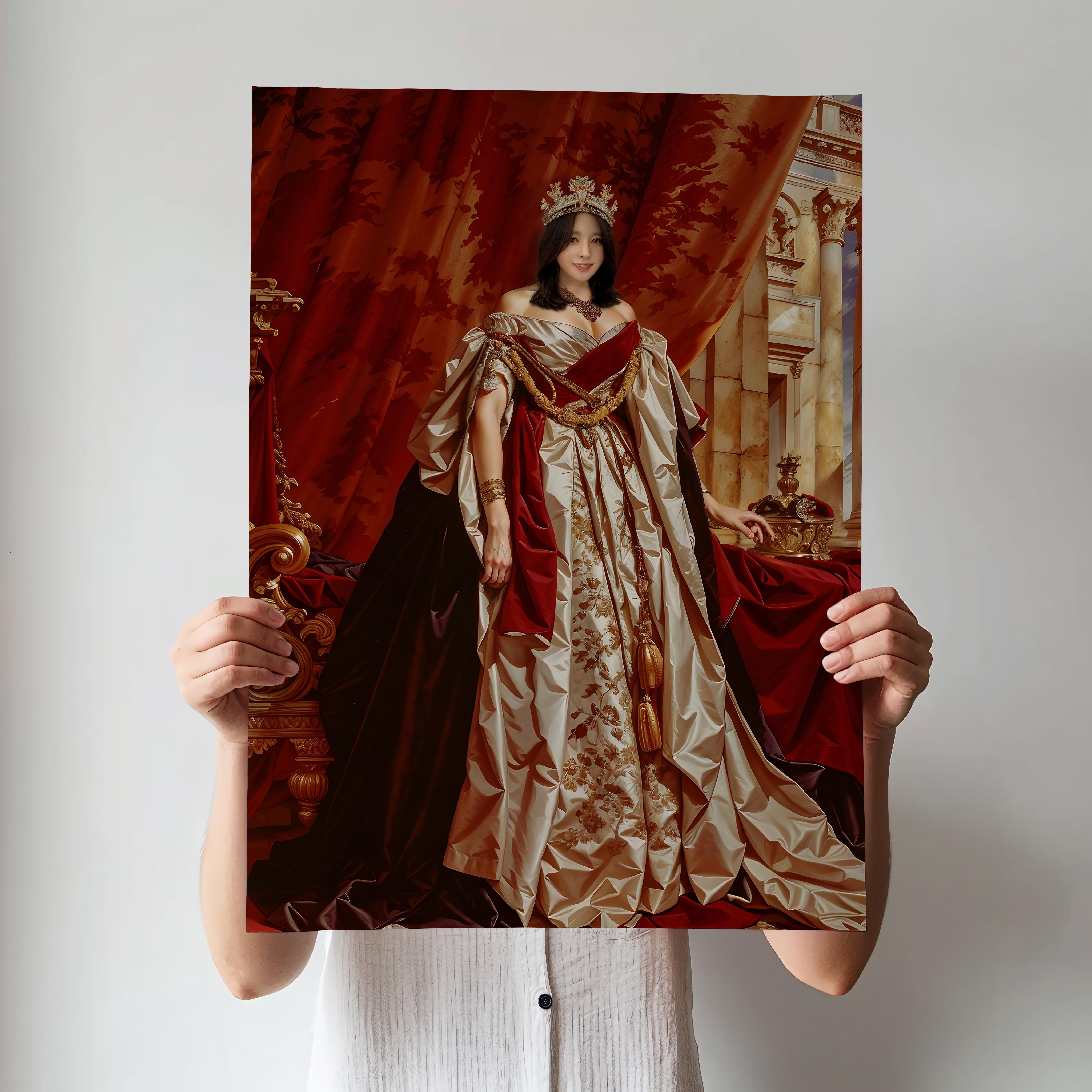 Custom Queen Portrait – Woman in Red and Gold Throne Room Scene