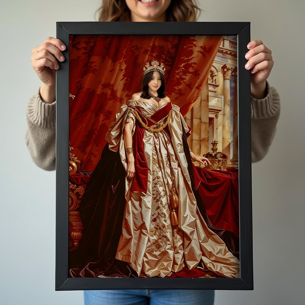 Custom Queen Portrait – Woman in Red and Gold Throne Room Scene