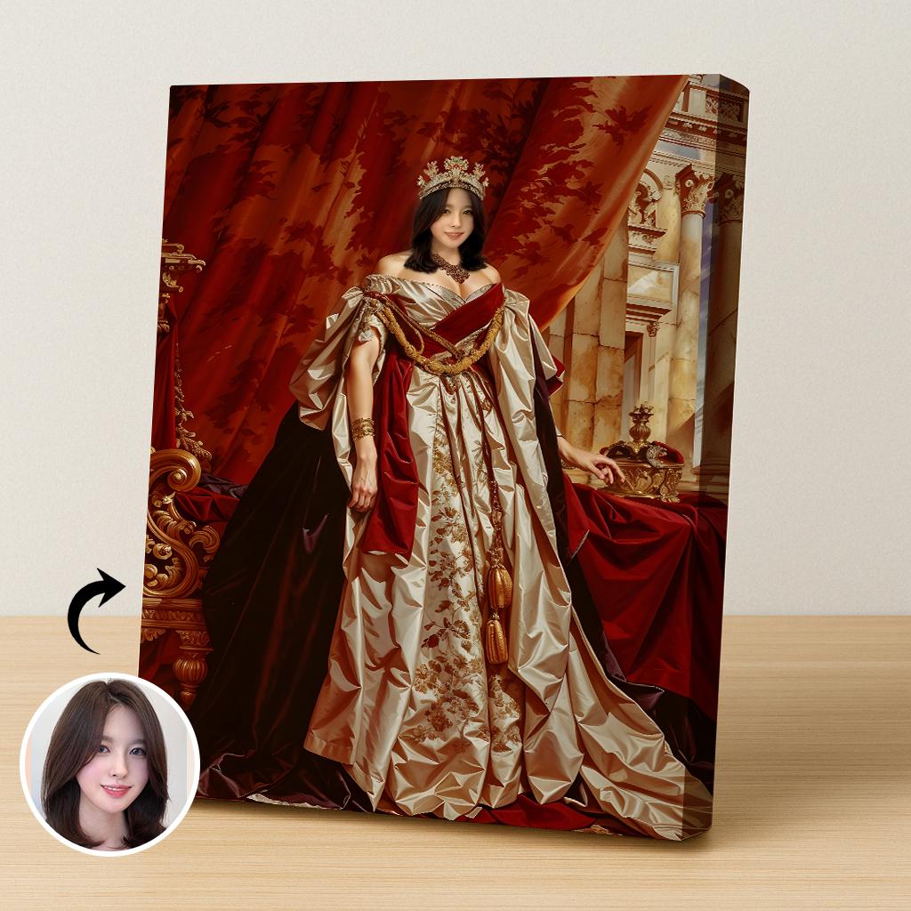 Custom Queen Portrait – Woman in Red and Gold Throne Room Scene