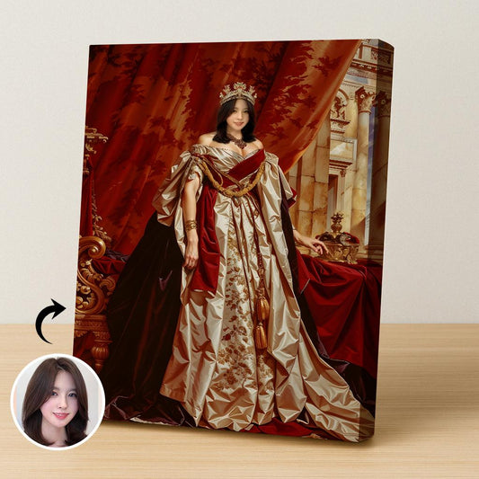 Custom Queen Portrait – Woman in Red and Gold Throne Room Scene