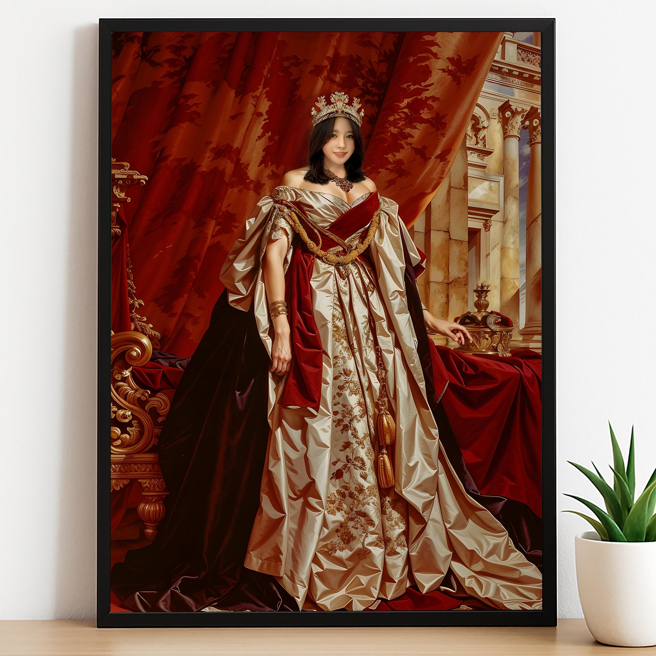 Custom Queen Portrait – Woman in Red and Gold Throne Room Scene