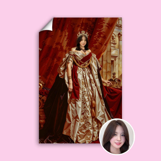Custom Queen Portrait – Woman in Red and Gold Throne Room Scene