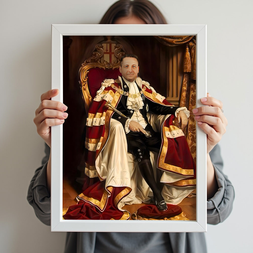 Custom Lord of Parliament Portrait – Man Seated in Red & Gold Noble Outfit