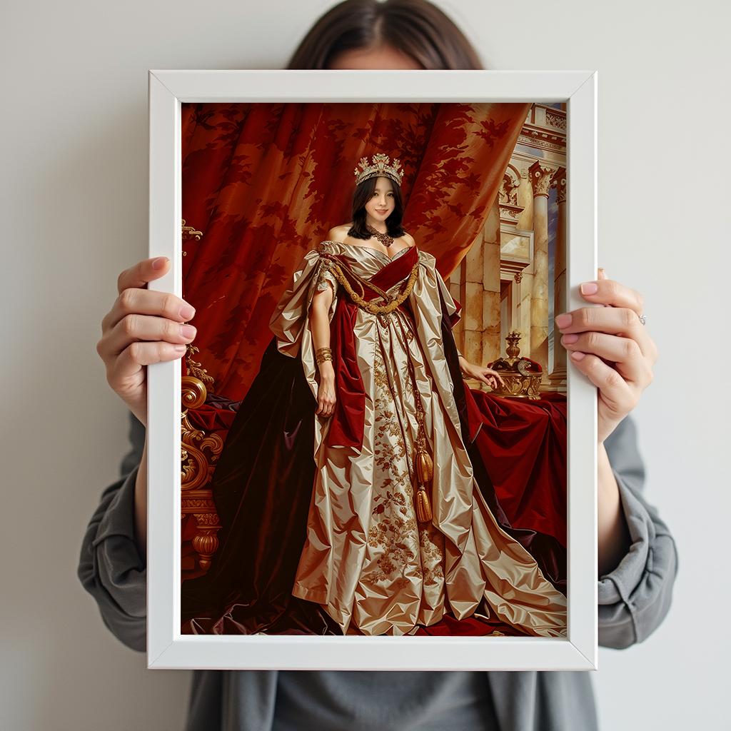 Custom Queen Portrait – Woman in Red and Gold Throne Room Scene