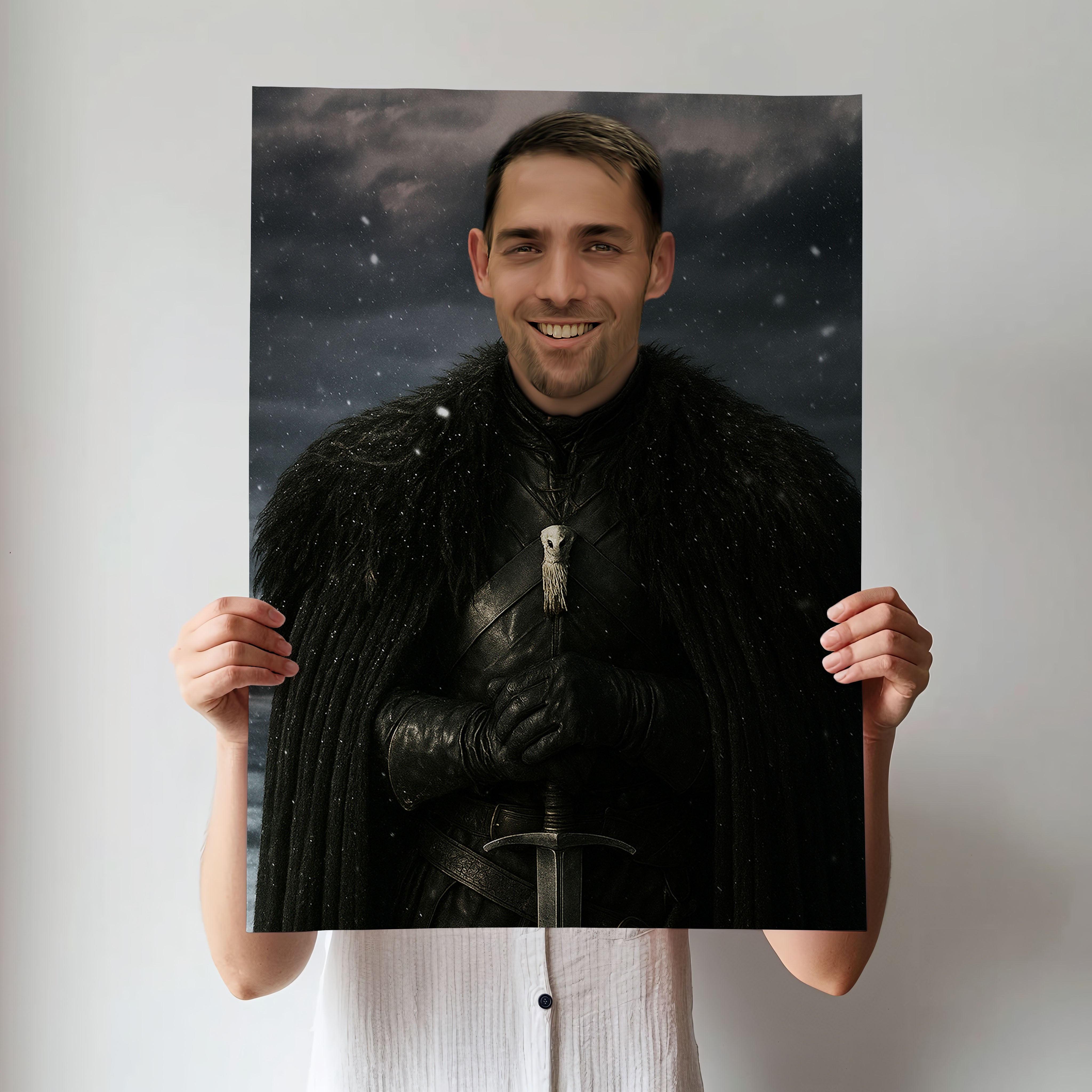 Custom Night’s Watch Portrait – Man in Black Cloak in Snowy Background