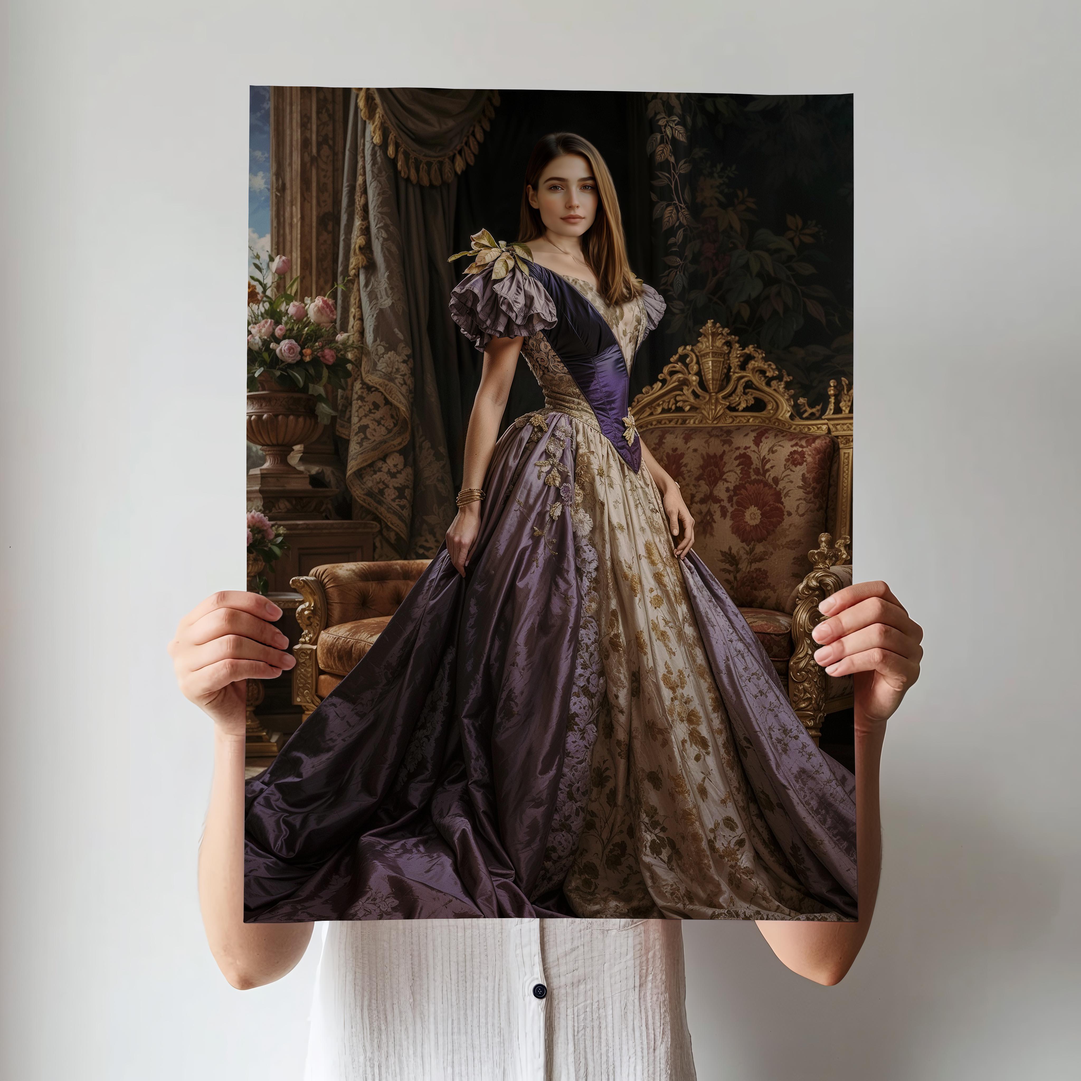 Custom Queen Portrait – Woman in Purple Gown in Regal Throne Room