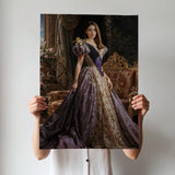 Custom Queen Portrait – Woman in Purple Gown in Regal Throne Room