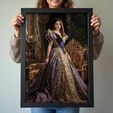 Custom Queen Portrait – Woman in Purple Gown in Regal Throne Room