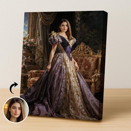 Custom Queen Portrait – Woman in Purple Gown in Regal Throne Room