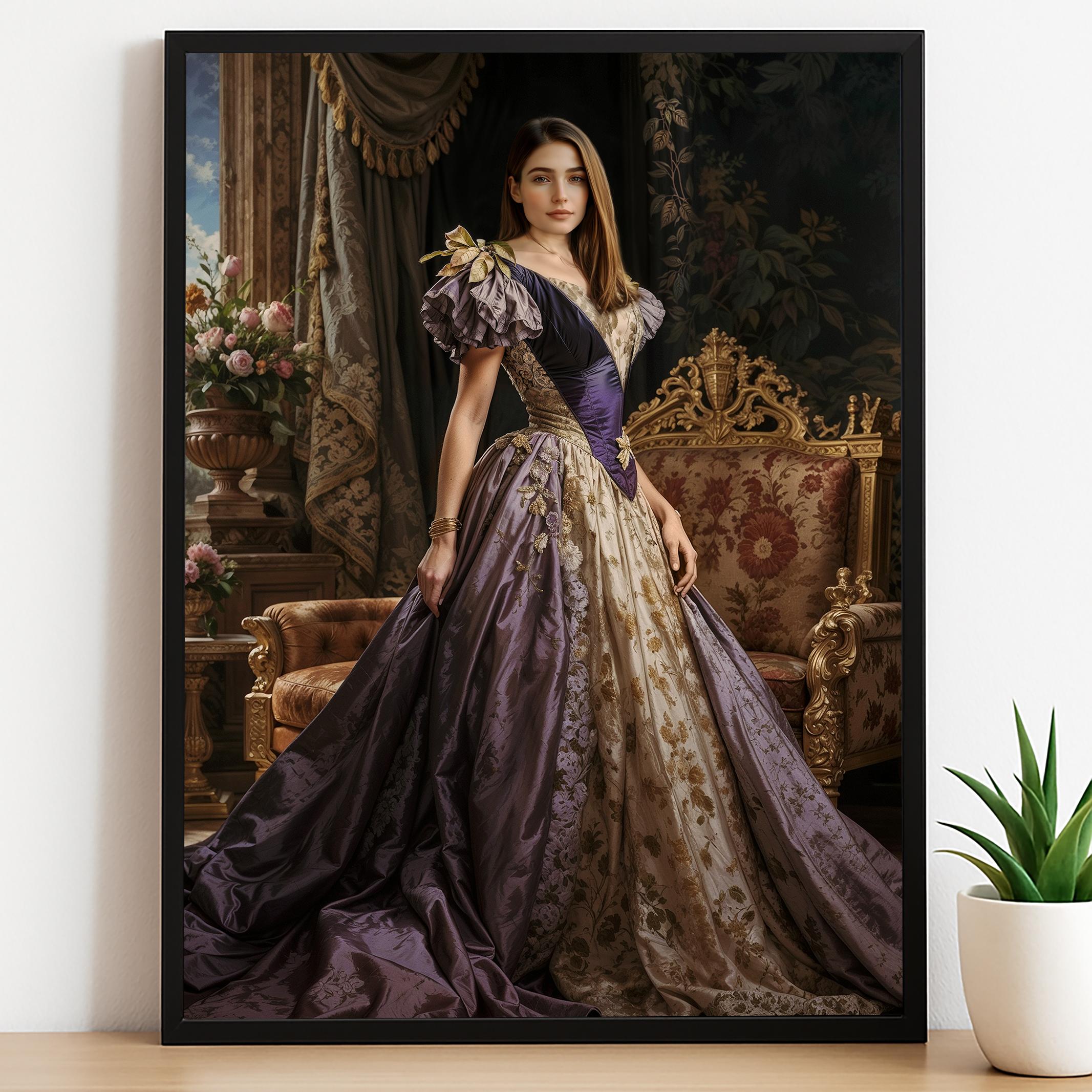 Custom Queen Portrait – Woman in Purple Gown in Regal Throne Room