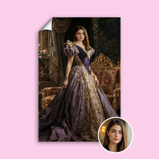 Custom Queen Portrait – Woman in Purple Gown in Regal Throne Room