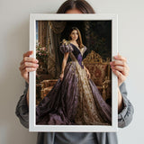 Custom Queen Portrait – Woman in Purple Gown in Regal Throne Room