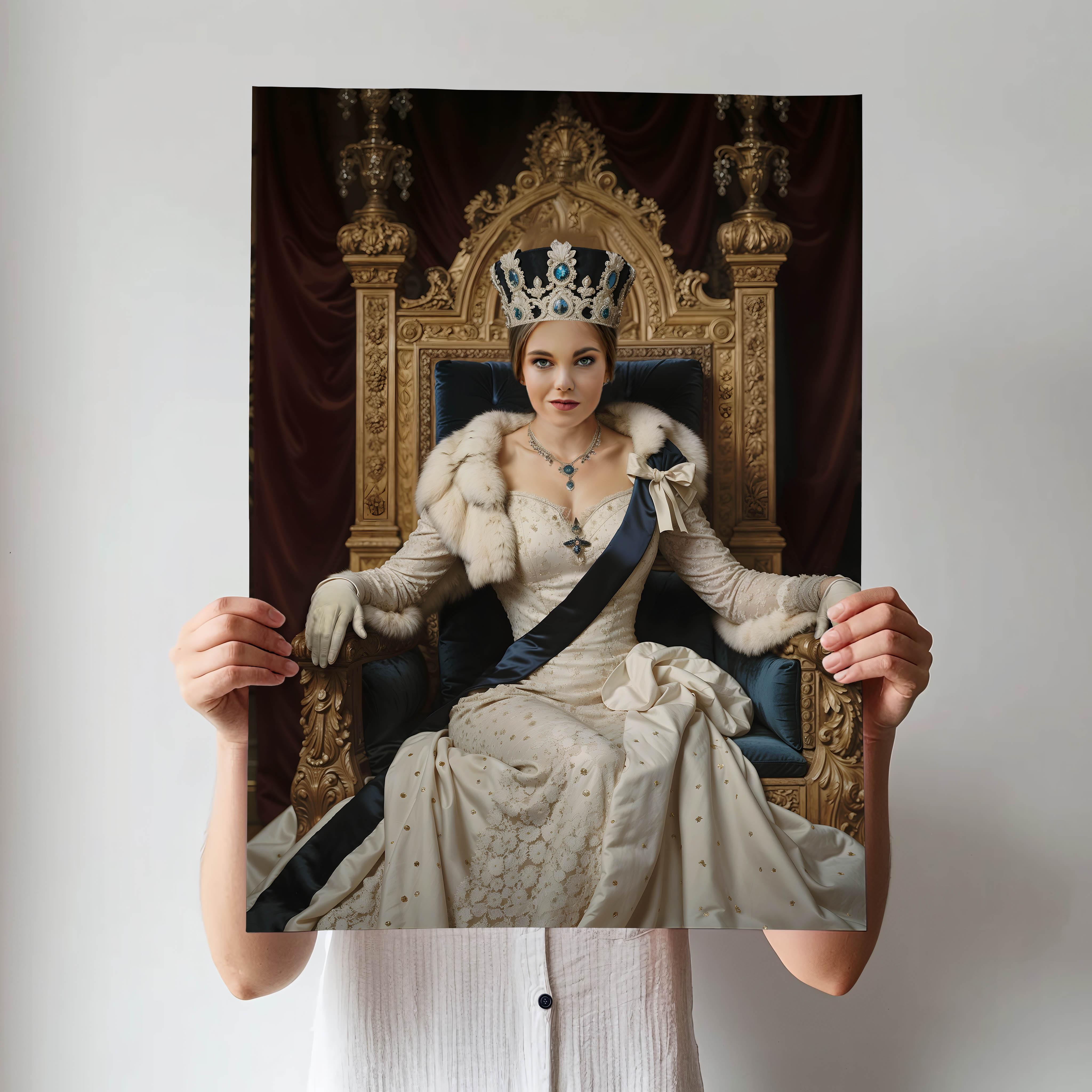 Custom Throne Queen Portrait – Woman with Crown and Cape in Regal Chair