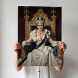 Custom Throne Queen Portrait – Woman with Crown and Cape in Regal Chair