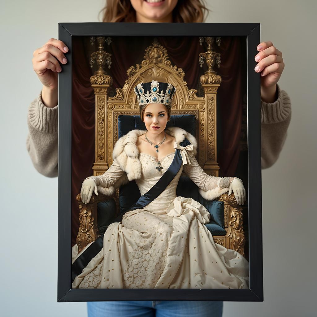Custom Throne Queen Portrait – Woman with Crown and Cape in Regal Chair