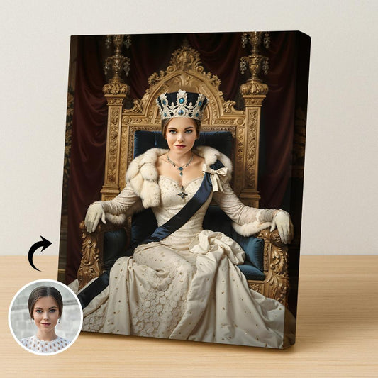Custom Throne Queen Portrait – Woman with Crown and Cape in Regal Chair